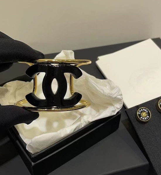 Chanel Black Acrylic Hollow Wide Cuff Bracelet