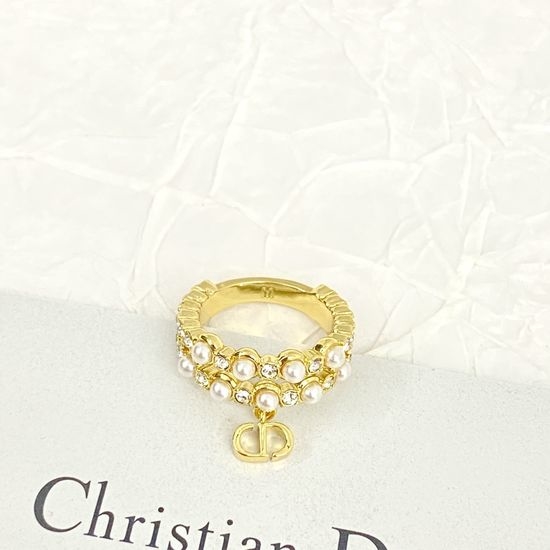 Christian Dior CD Pearl Rhinestone Double Layer Ring