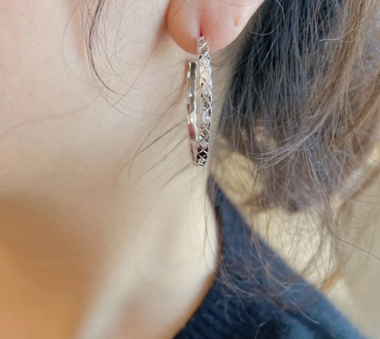 Chanel Quilted Pattern Large Pave Diamond Hoop Earrings