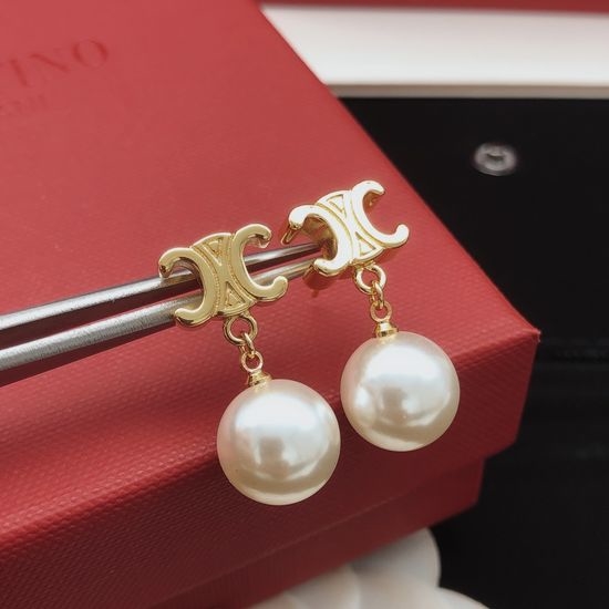 Celine Pearl Pendant Brass Earrings Elegant Jewelry