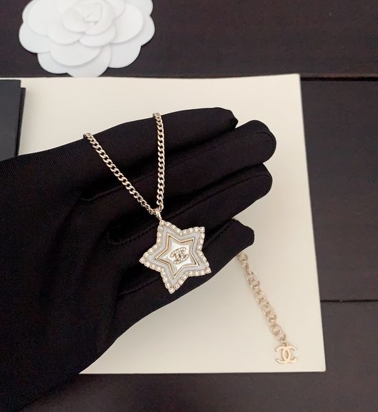 Chanel White Star Pattern Pendant Necklace