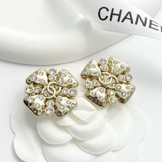 Chanel Hollow Clover Rhinestone Stud Earrings
