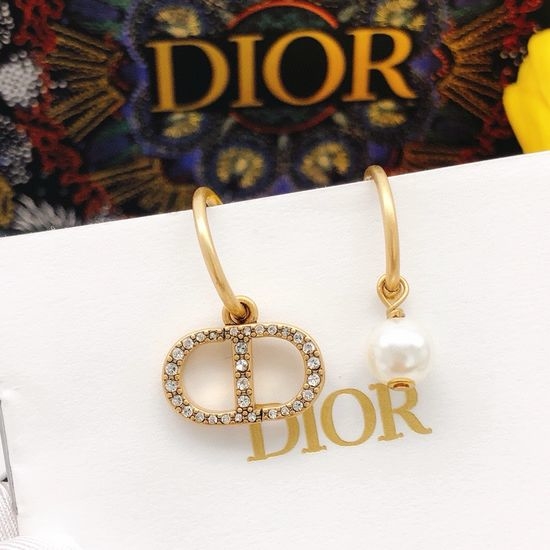 Christian Dior CD Diamond Pearl Stud Hook Earrings