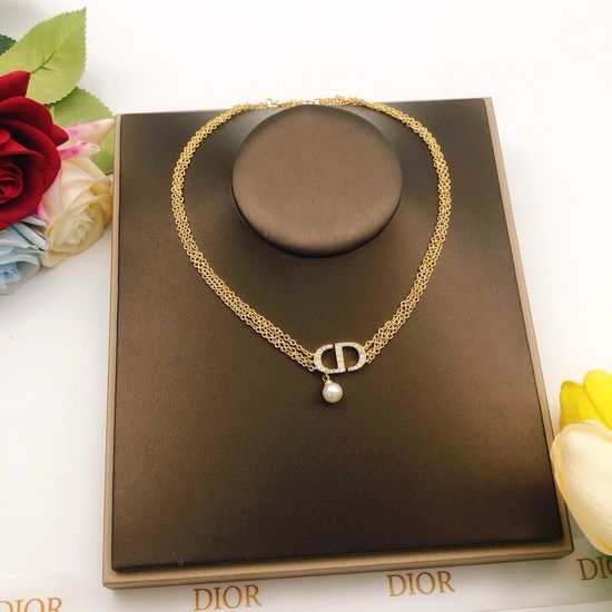 Christian Dior CD Double Layer Pearl Pendant Necklace