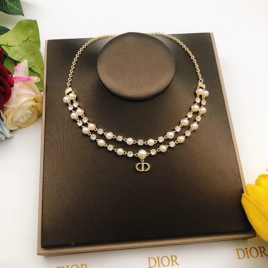 Christian Dior CD Double Layer Pearl Necklace Brass Material