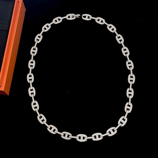 Hermes Pavé Diamond Pendant Silver Necklace