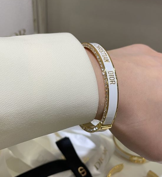 Christian Dior CD White Enamel Diamond Inlaid Brass Bracelet