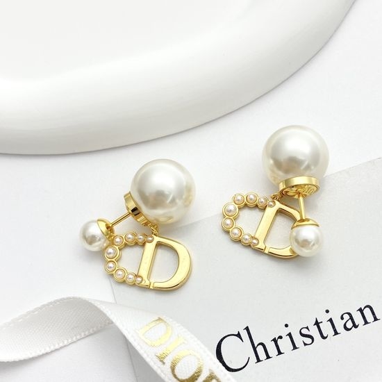 Christian Dior CD Double Pearl Drop Stud Earrings