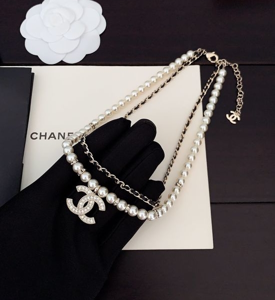 Chanel Leather Pearl Double Layer Necklace