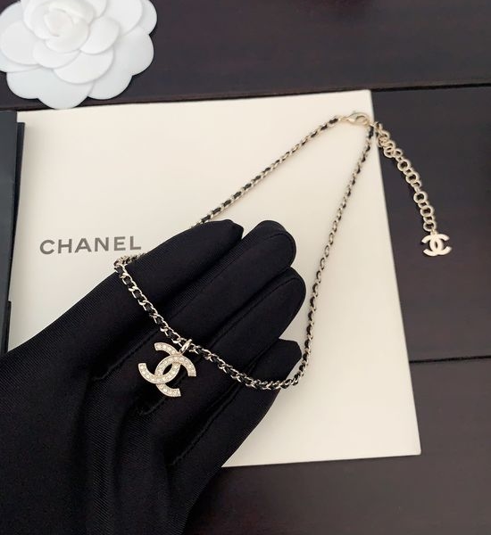 Chanel Full Rhinestone Black Leather Necklace