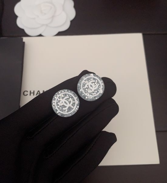Chanel White Resin Round Stud Earrings Brass Material