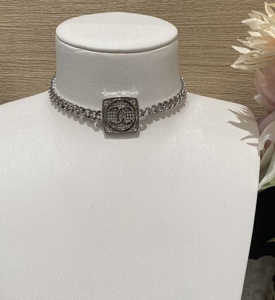 Chanel Silver Full Rhinestone Square Pendant Necklace