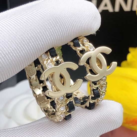 Chanel Leather Inlaid Diamond Moon Earrings