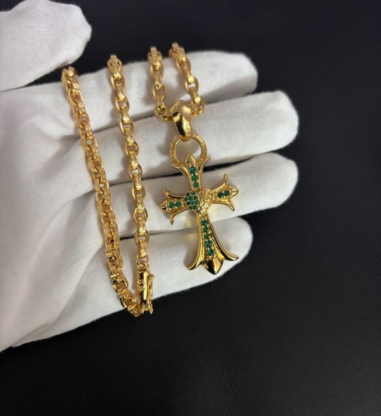 Chrome Hearts Cross Heart Green Gemstone Necklace