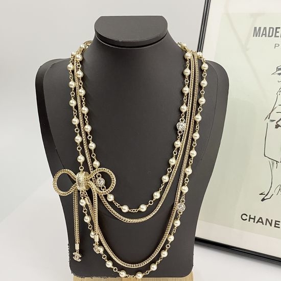 Chanel Bow Knot Wheat Pearl Double Chain Necklace
