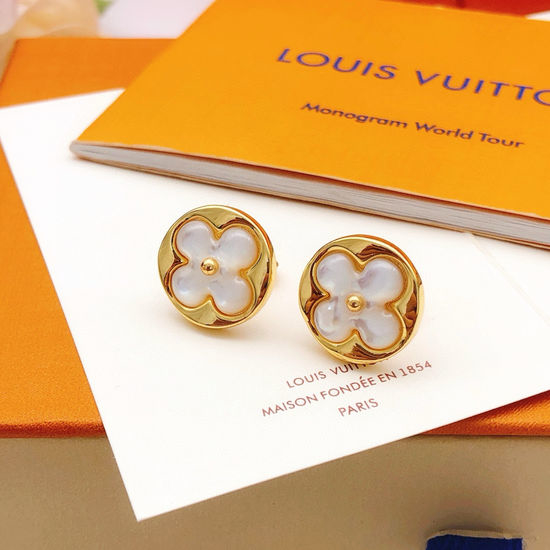 Louis Vuitton LV White Mother of Pearl Stud Earrings Brass