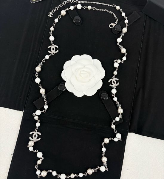 Chanel Pave Letter Beaded Pearl Long Sweater Necklace