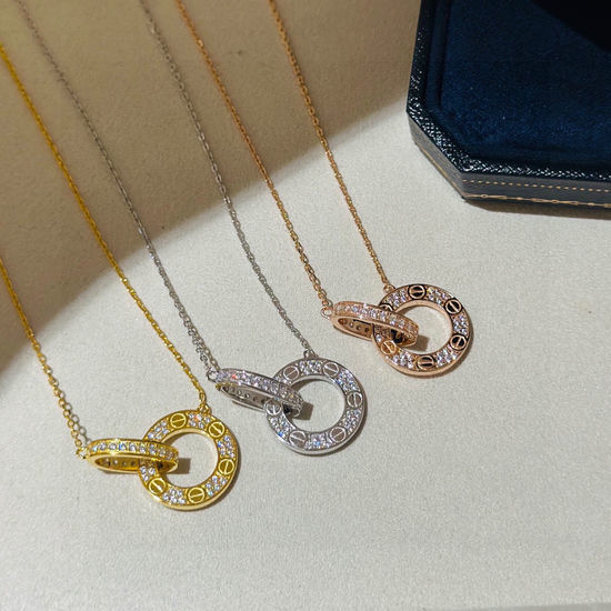Cartier Double Circle Pendant Zirconia Inlaid Necklace