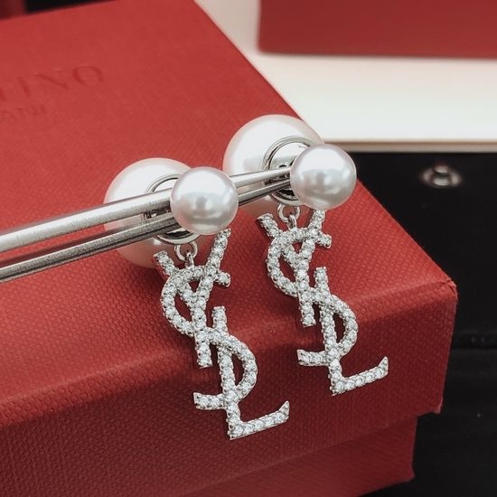 Yves Saint Laurent YSL Pearl Diamond Inlaid Earrings Brass Material