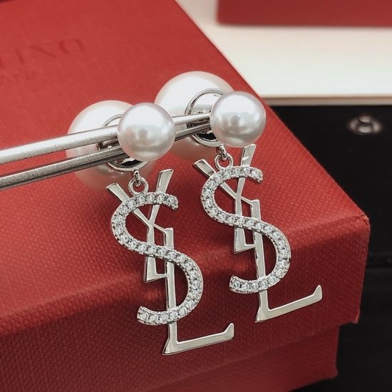 Yves Saint Laurent YSL Pearl Diamond Inlaid Earrings Brass Material