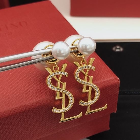 Yves Saint Laurent YSL Pearl Diamond Inlaid Earrings Brass Material