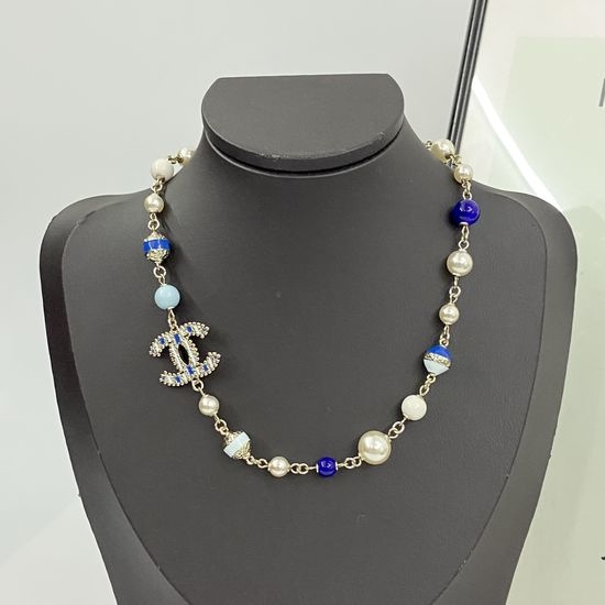 Chanel Blue Glaze Pearl Pendant Necklace Delicate Craft