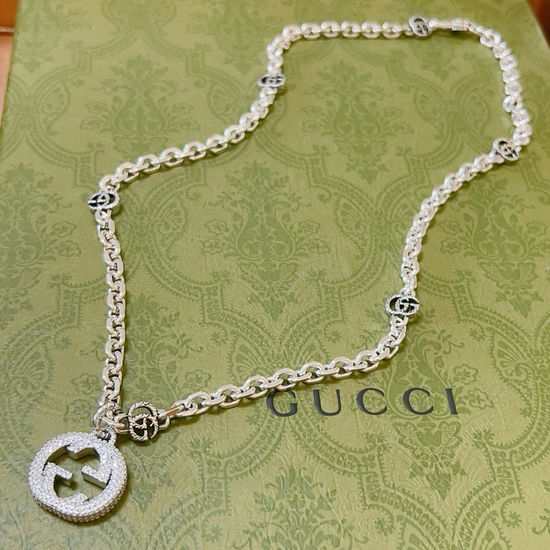 Gucci Full Rhinestone Vintage Silver Necklace