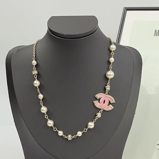 Chanel Pink Glazed Pearl Double C Necklace