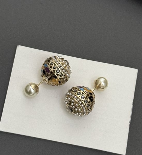 Christian Dior CD Enamel Pearl Decor Double Bead Earrings
