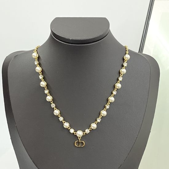 Christian Dior CD Crystal Pearl Pendant Necklace Elegant Jewelry