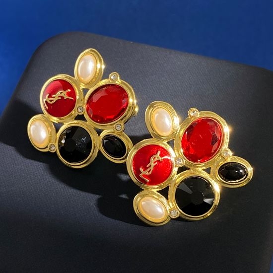 Yves Saint Laurent YSL Retro Ruby Crystal Pearl Geometric Earrings