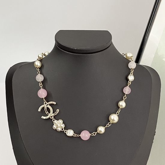 Chanel Pink Pearl Double C Pendant Necklace