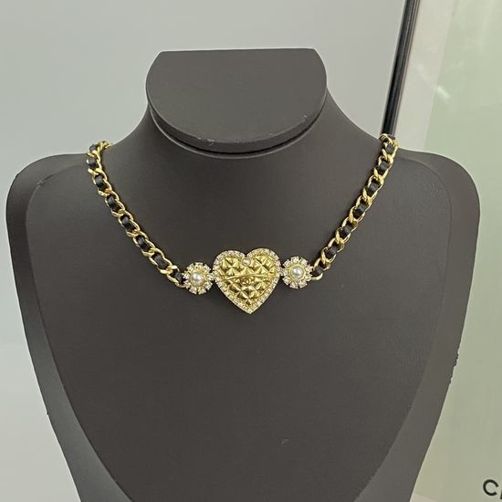 Chanel Gold Quilted Heart Leather Chain Necklace