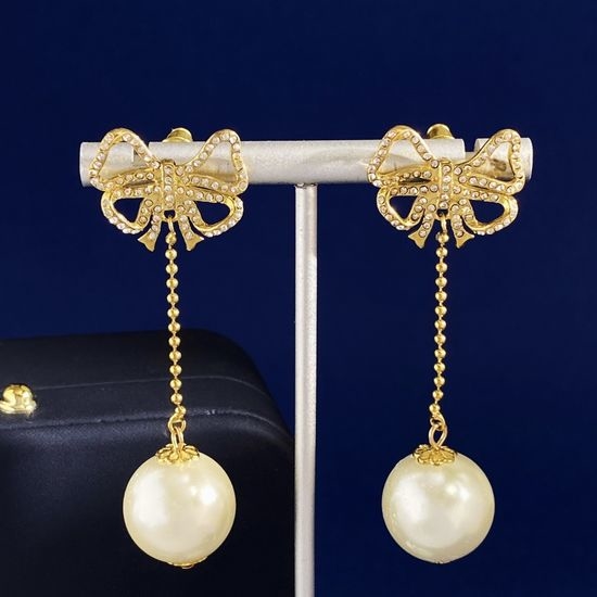 Celine Rhinestone Bow Tassel Pearl Long Drop Earrings