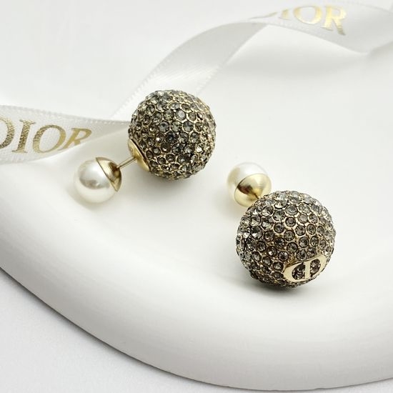 Christian Dior CD Rhinestone Pearl Two Ball Stud Earrings