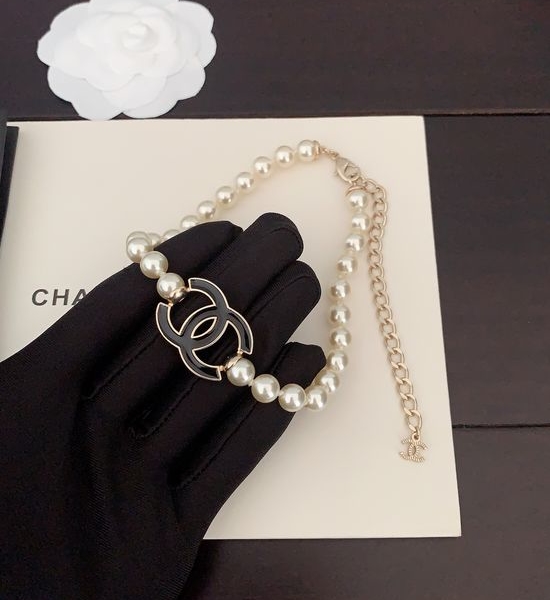 Chanel Black CC Pearl Necklace Brass