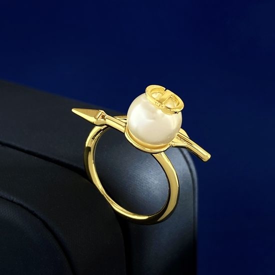 Christian Dior CD Gold Arrow Resin Pearl Open Ring