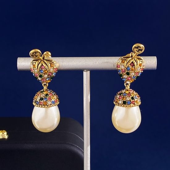 Gucci Colored Stone Straw Pearl Drop Earrings
