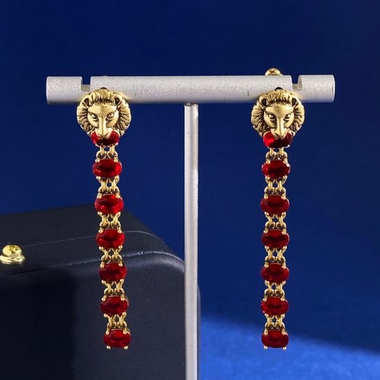Gucci Lion Head Tassel Ruby Drop Earrings