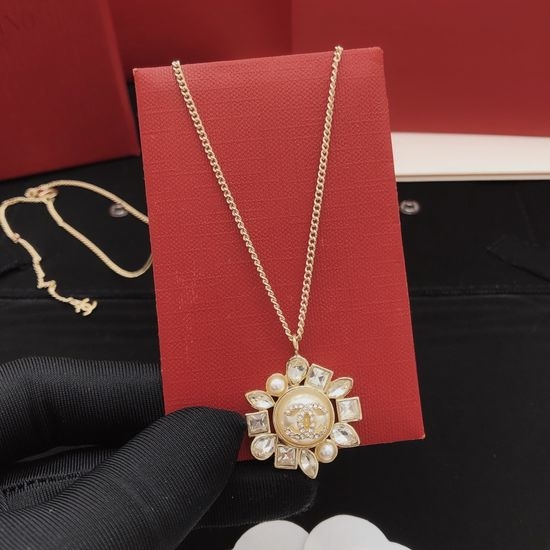 Chanel Pearl Crystal Sunflower Pendant Necklace