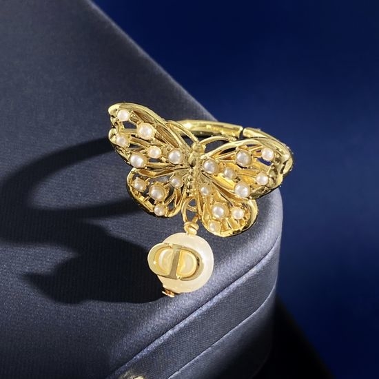 Christian Dior CD Butterfly Pearl Open Ring Gold Jewelry