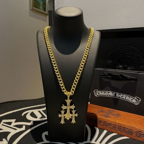 Chrome Hearts Gold Cross Pendant Diamond Necklace