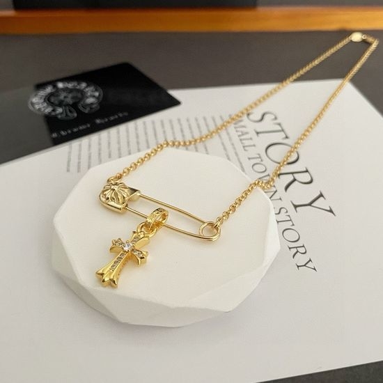 Chrome Hearts Golden Pin Necklace with Diamond Cross