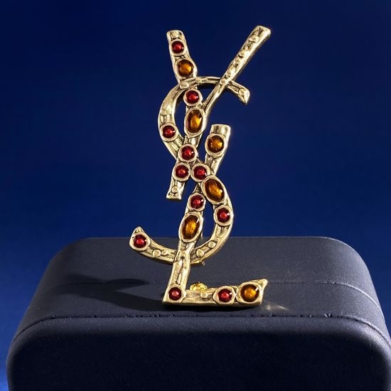 Yves Saint Laurent YSL Vintage Metal Gemstone Letter Brooch
