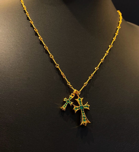 Chrome Hearts Green Diamond Double Cross Necklace