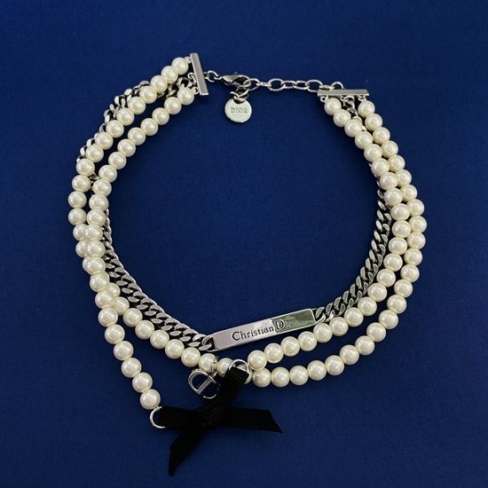 Christian Dior CD Bow Pendant Layered Clavicle Necklace