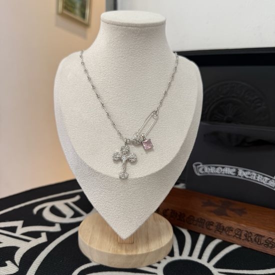 Chrome Hearts Pink Diamond Cross Pendant Necklace