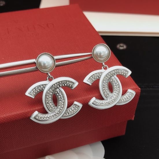 Chanel White Enamel Double C Drop Earrings Brass