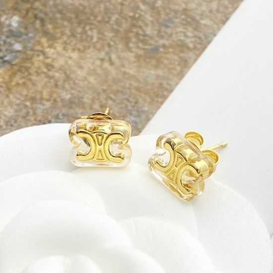 Celine Clear Resin Golden Logo Small Earrings