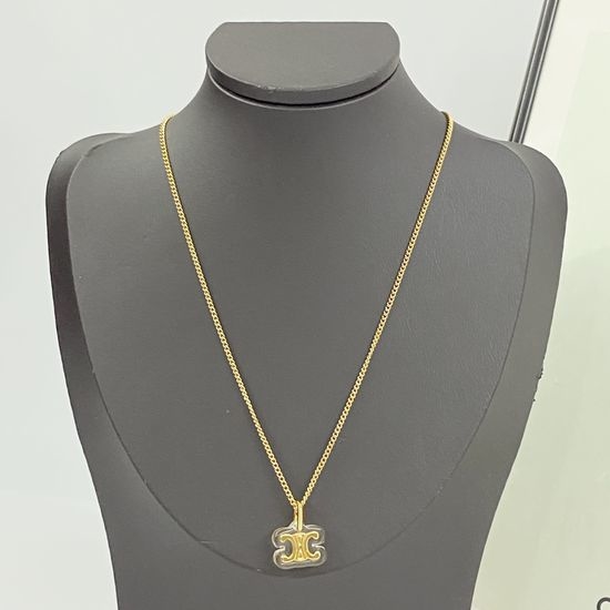 Celine Clear Resin Golden Logo Pendant Necklace